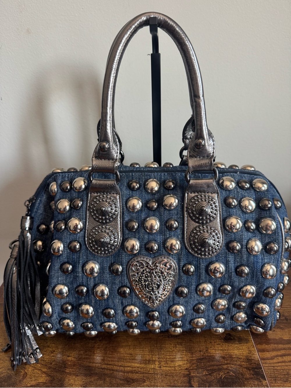GGing Studded Denim Satchel Handbag with Silver Accents